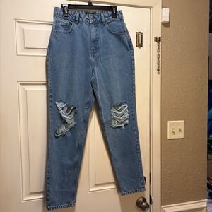 PrettyLittleThing Mid Blue Wash Ripped Distressed Mom Jeans women's Size 6